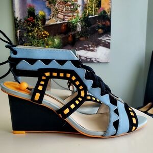 Sophia Webster Riko Wedges Black / Sky Blue 7.5 EUC 40.5